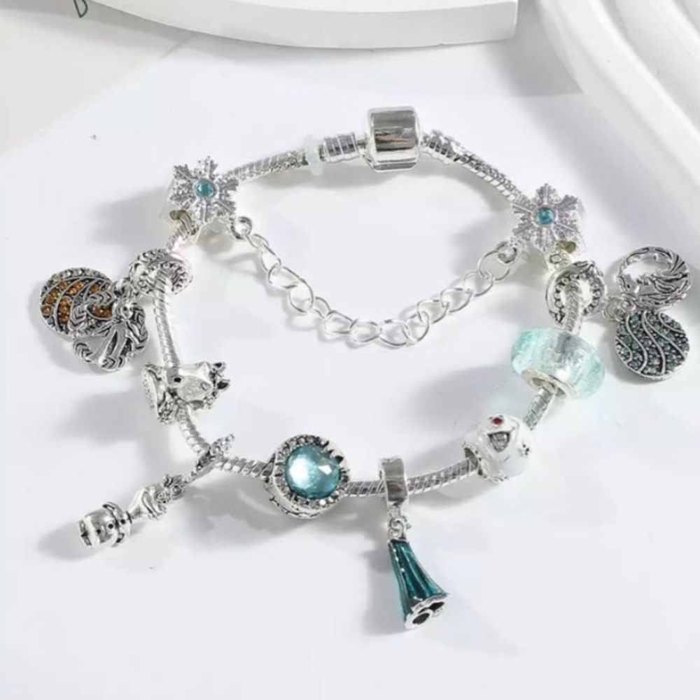 Frozen bead charm bracelet jewelry Blue Snowflake Snowman Princess gown dress